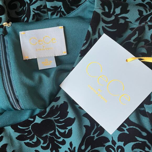 CeCe by CYNTHIA STEFFE Women 12 Green Teal Black Velvet Damask Knee Sheath Dress - Picture 4 of 6